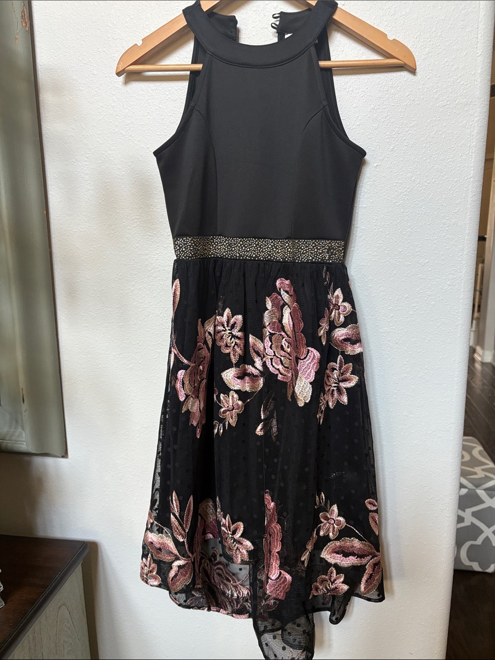 Black Emily west Sleeveless Dress with Pink Floral Embroidery size 12